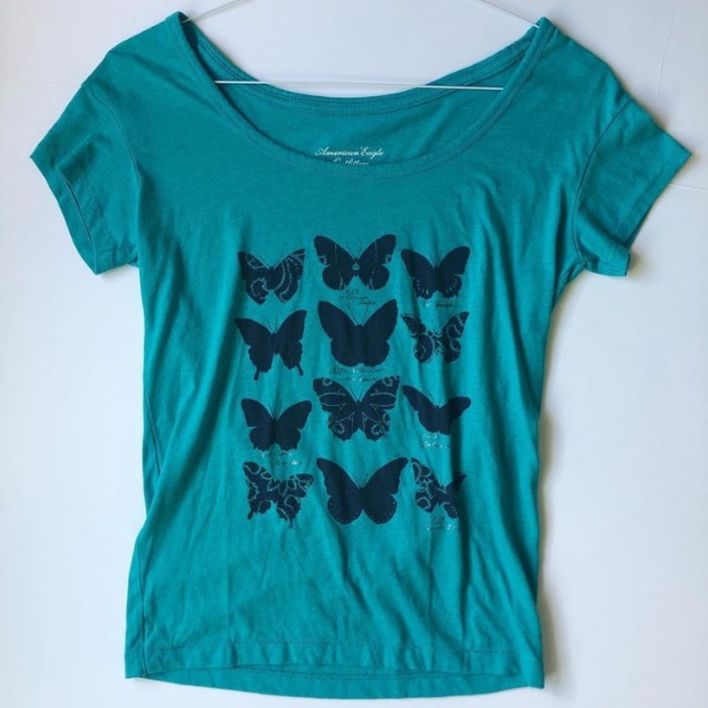 American Eagle Outfitters Teal Butterfly Shirt, XS